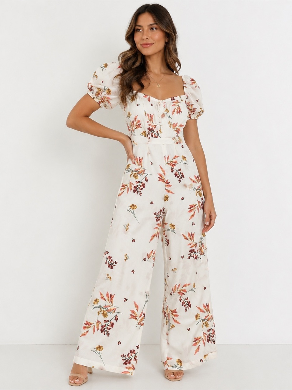 Gianni Bini Ivory Floral Puff-Sleeve Wide-Leg Jumpsuit